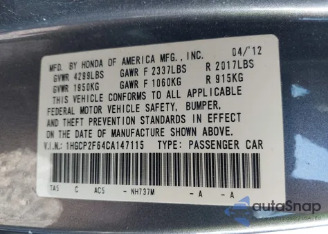 2012 Honda Accord 2.4 Se z USA, uszkodzony, nr VIN 1HGCP2F64CA147115